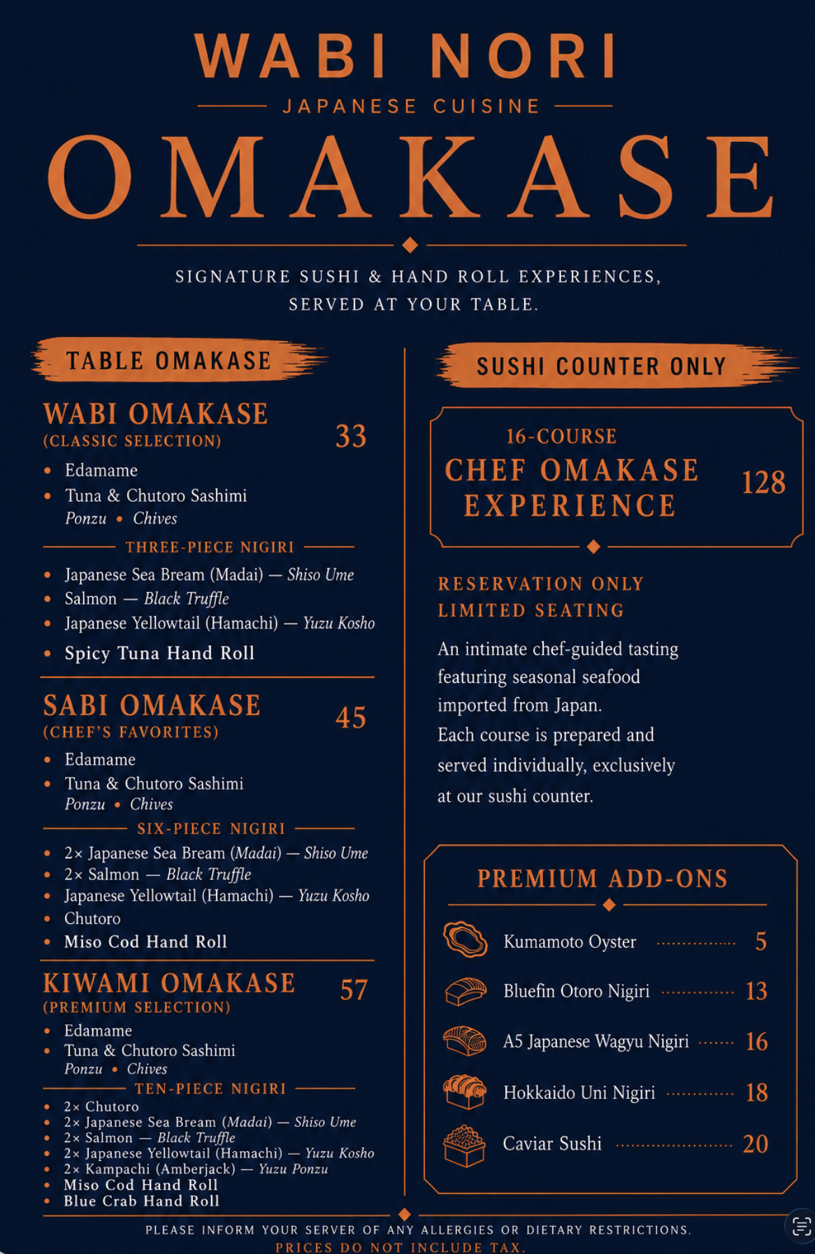 Wabi Nori Omakase Menu — Queens